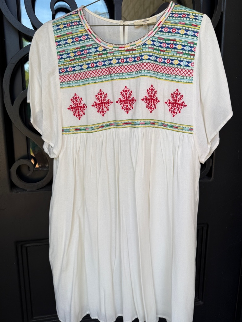 entro White Embroidered Dress with Colorful Yoke